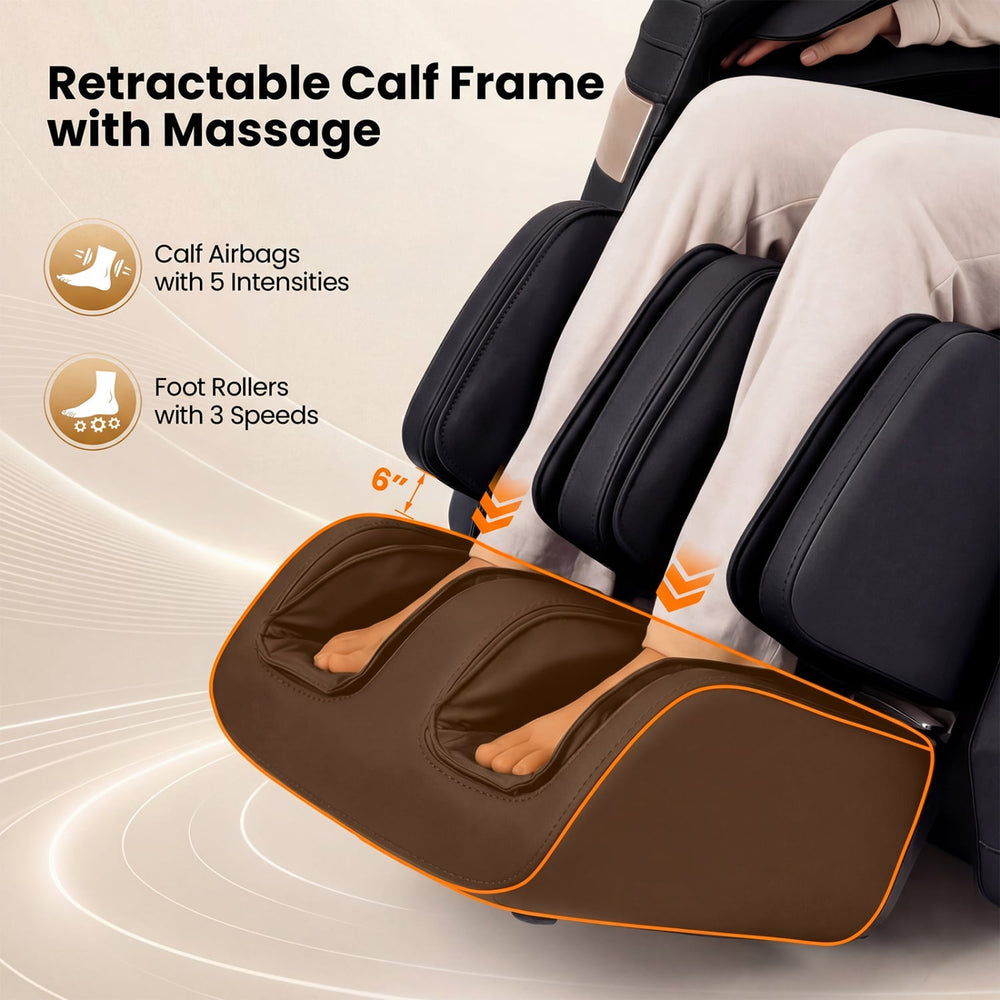 Costway Soothe 57 — Black / Grey — Retractable calf frame with foot rollers and massage airbags for enhanced relaxation in a black massage chair.