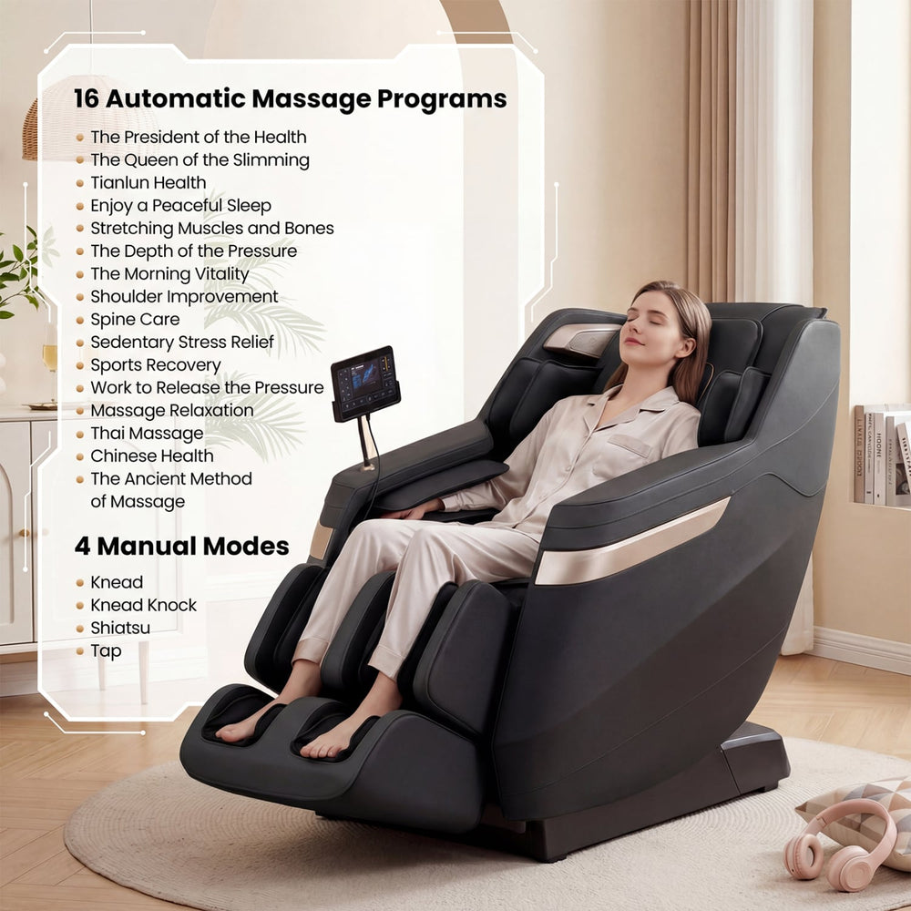 Costway Soothe 57 — Black / Grey — Full body massage chair in black featuring a close-up of the LCD touch screen and automatic massage programs for easy.