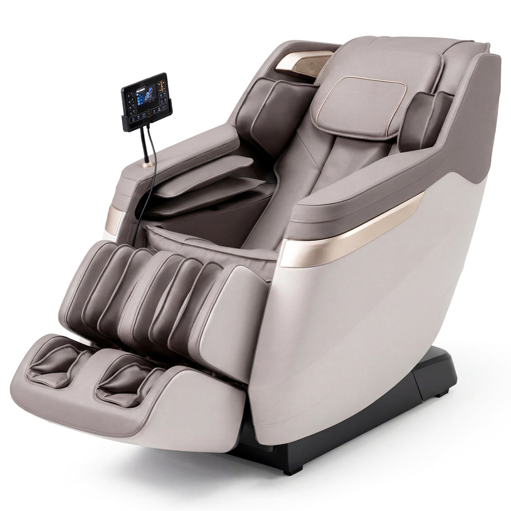 Costway Soothe 57 — White / Brown — Full body massage chair in white with zero gravity function, foot rollers, and LCD touch screen for relaxation.