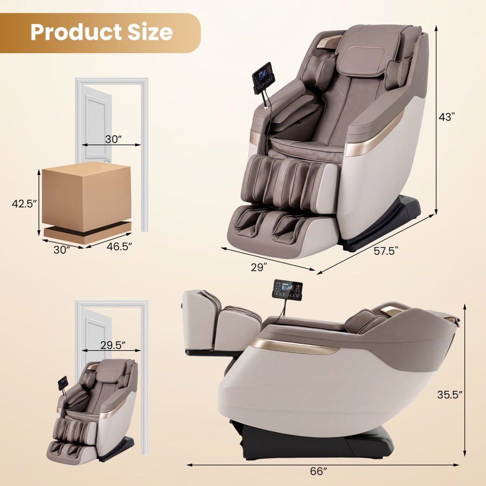 Costway Soothe 57 — White / Brown — Full body massage chair in white with zero gravity function, dimensions 66"x30"x43", ideal for relaxation and comfort.
