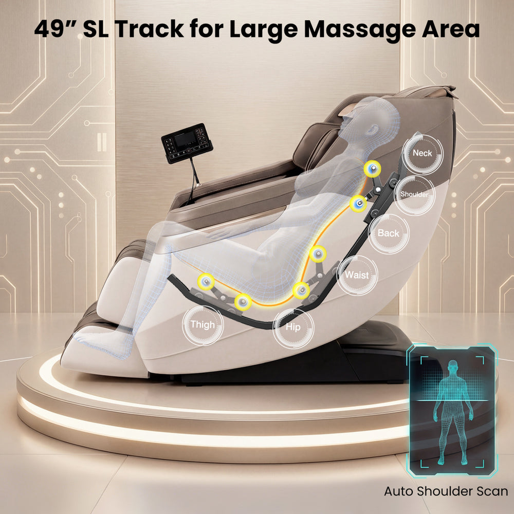 Costway Soothe 57 — White / Brown — Full body massage chair with 49" SL track, zero gravity function, and waist heating for ultimate relaxation.