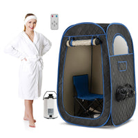 Portable steam sauna with 1000W generator, foldable chair, and adjustable leg holes for home spa relaxation.