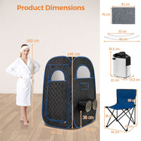 Portable steam sauna tent in black, measuring 89 x 89 x 149 cm, includes a foldable chair and foot massager for home.