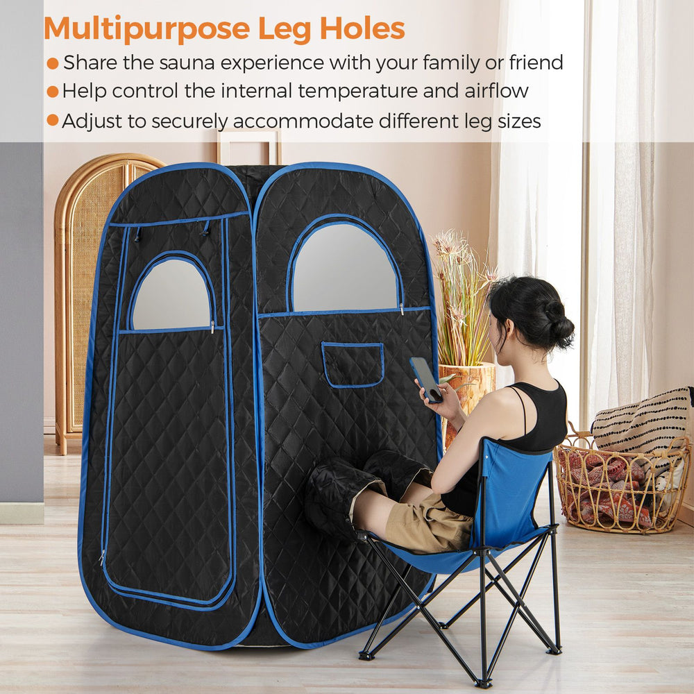 Portable steam sauna with adjustable leg holes, 1000W steam generator, and foldable chair for home relaxation.