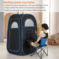 Portable steam sauna with adjustable leg holes, 1000W steam generator, and foldable chair for home relaxation.