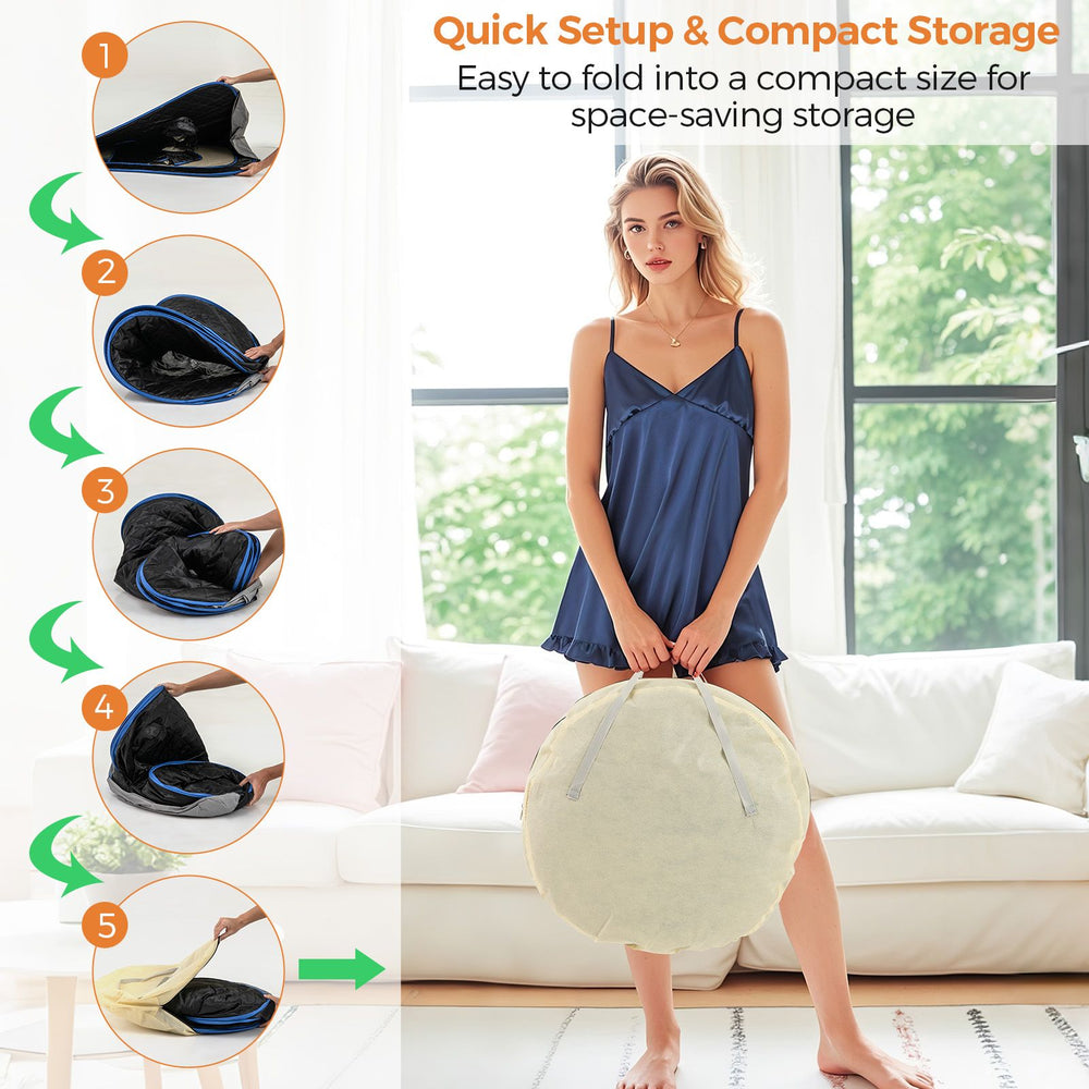 Portable steam sauna with quick setup, foldable design, and 1000W steam generator for home spa relaxation.