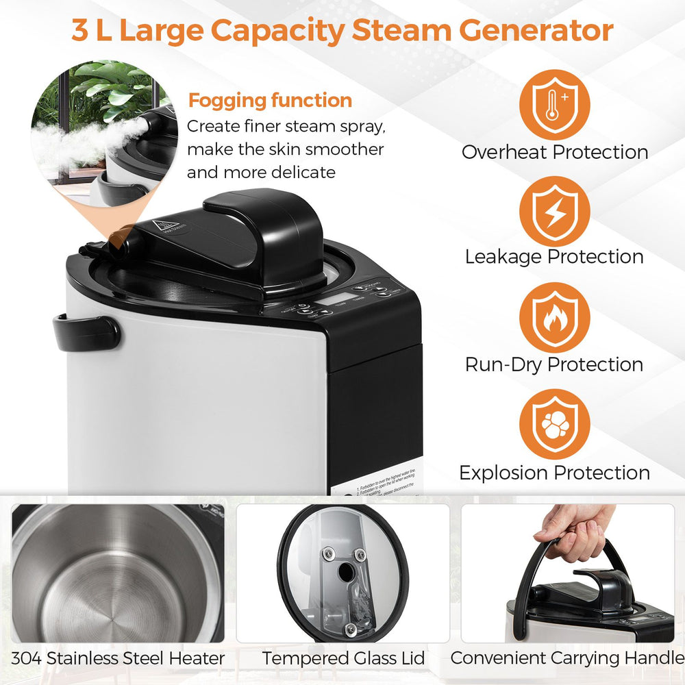 Portable steam sauna with 1000W steam generator, featuring a 3L capacity and safety protections for home spa relaxation.