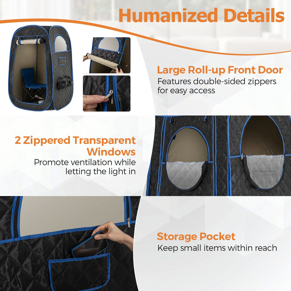 Portable steam sauna with roll-up front door, 1000W steam generator, and adjustable leg holes for home relaxation.