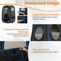 Portable steam sauna with roll-up front door, 1000W steam generator, and adjustable leg holes for home relaxation.