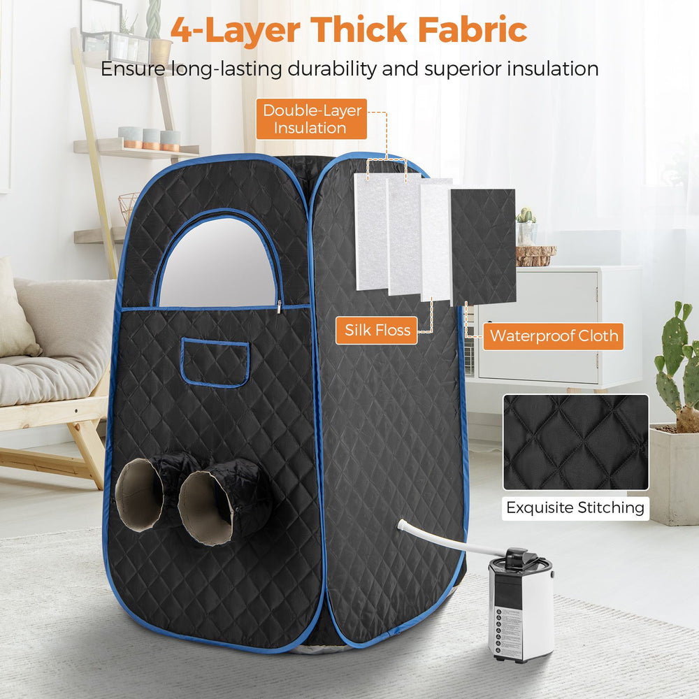 Portable steam sauna with 1000W generator, adjustable leg holes, and foldable chair for home spa relaxation.