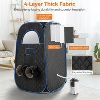 Portable steam sauna with 1000W generator, adjustable leg holes, and foldable chair for home spa relaxation.