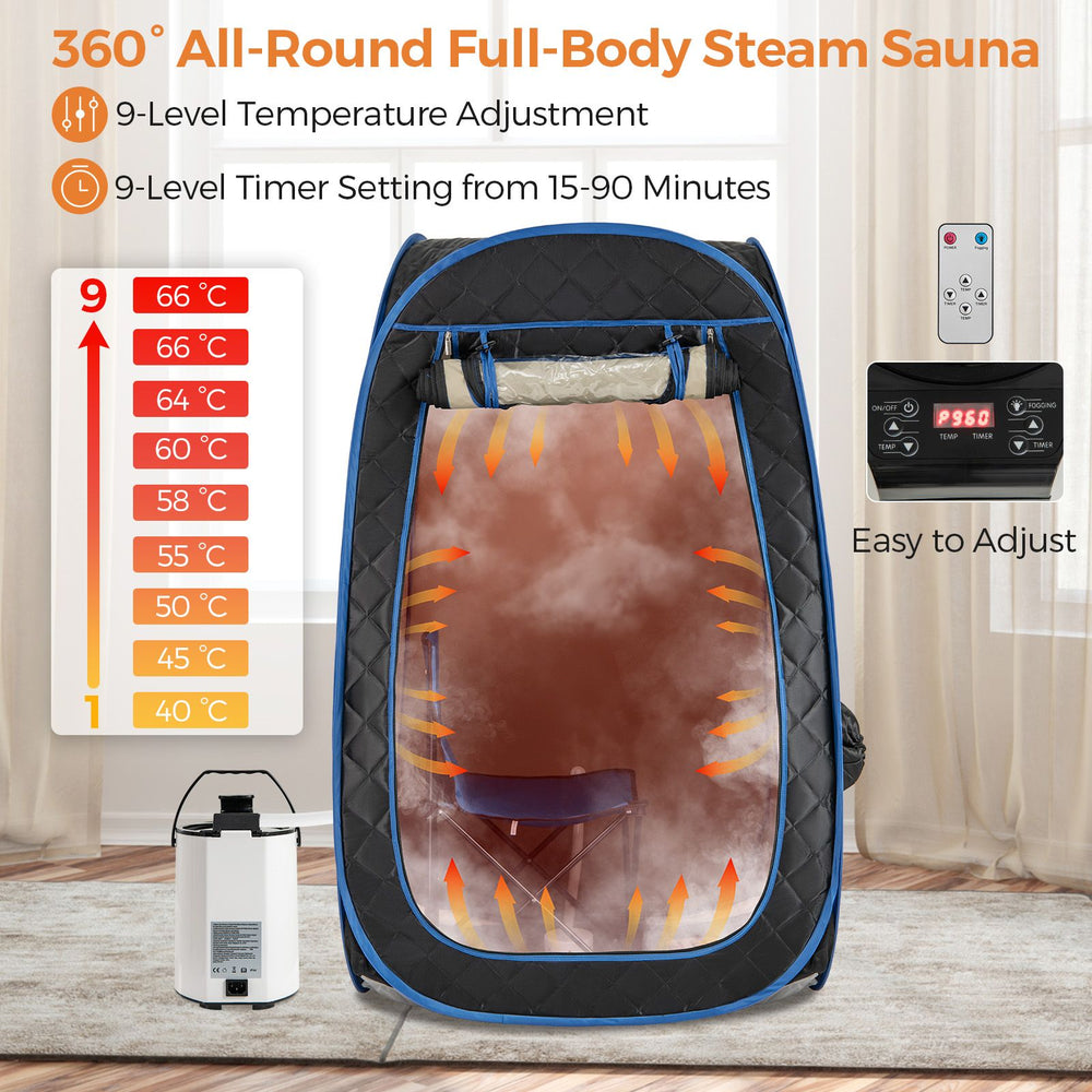 Portable steam sauna with 1000W steam generator, featuring adjustable temperature and timer settings for home.