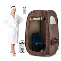 Portable steam sauna with 1000W generator, foldable chair, and adjustable leg holes for home spa relaxation.