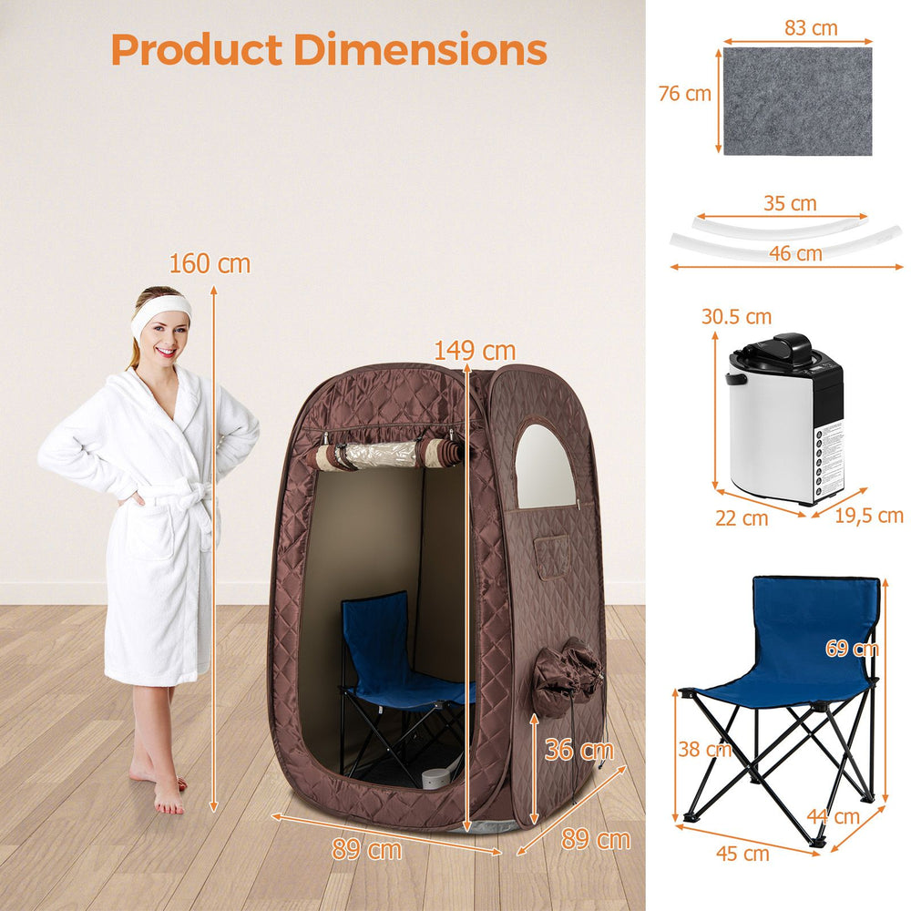 Portable steam sauna with 1000W generator, measuring 89 x 89 x 149 cm, includes a foldable chair for home relaxation.