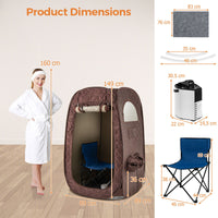 Portable steam sauna with 1000W generator, measuring 89 x 89 x 149 cm, includes a foldable chair for home relaxation.