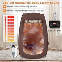 Portable steam sauna with 1000W generator, 9 temperature levels, and foldable chair for home relaxation.
