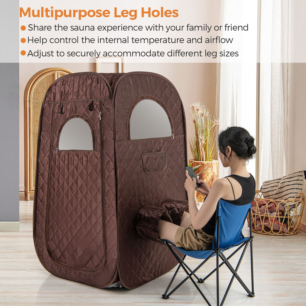 Portable steam sauna with adjustable leg holes, 1000W generator, and foldable chair for home spa relaxation.