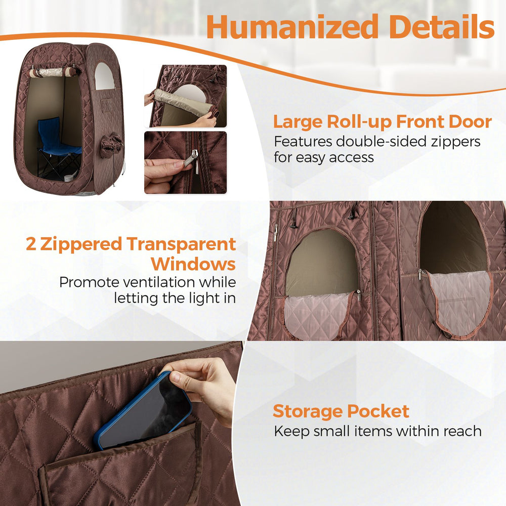 Portable steam sauna with large roll-up front door, two zippered windows, and storage pocket for home spa relaxation.