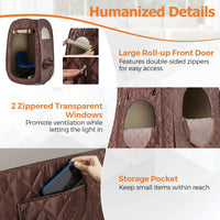 Portable steam sauna with large roll-up front door, two zippered windows, and storage pocket for home spa relaxation.