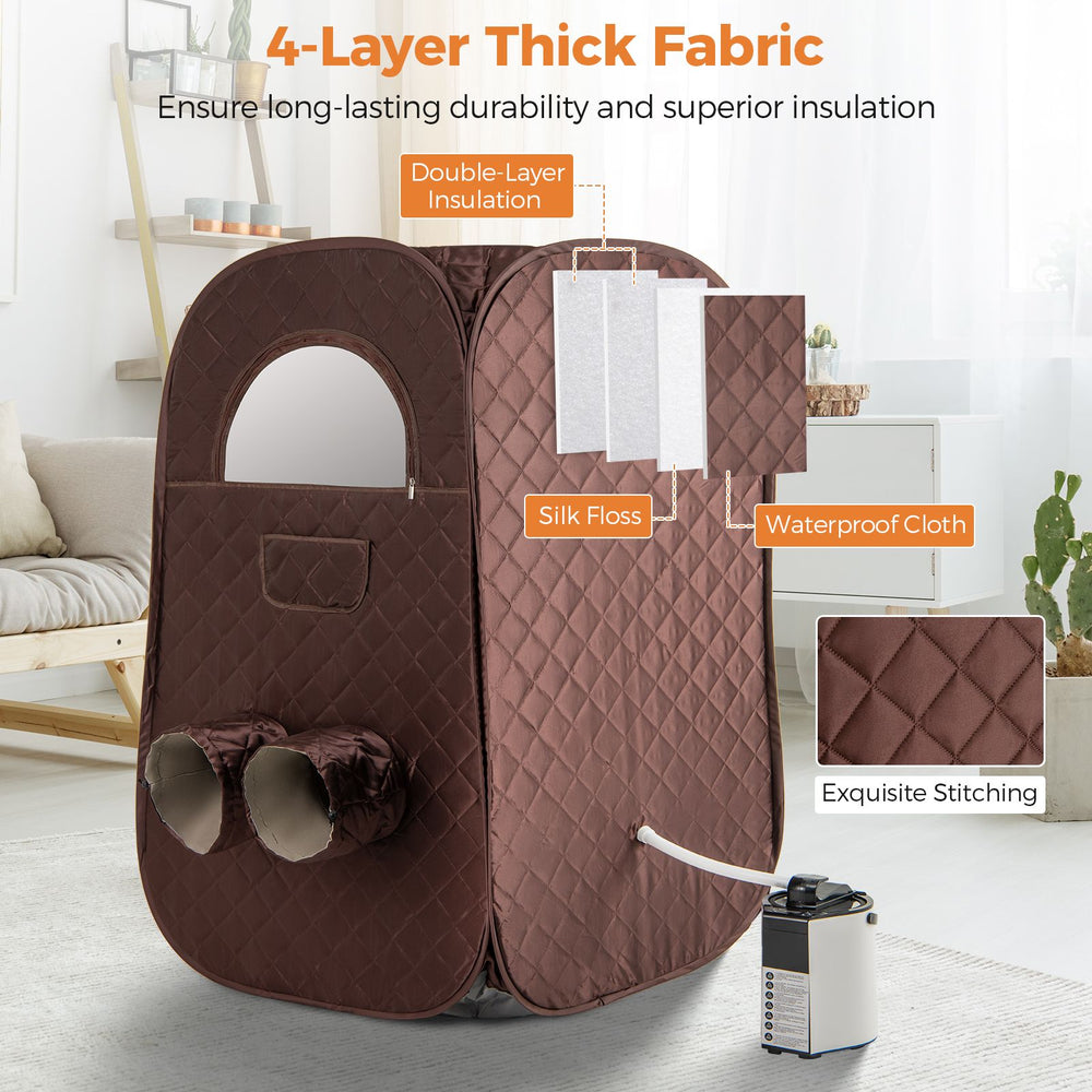 Portable steam sauna in coffee color with 4-layer thick fabric, featuring leg holes and a 1000W steam generator for.