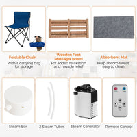 Portable steam sauna with foldable chair and wooden foot massager, perfect for home spa relaxation and customizable.