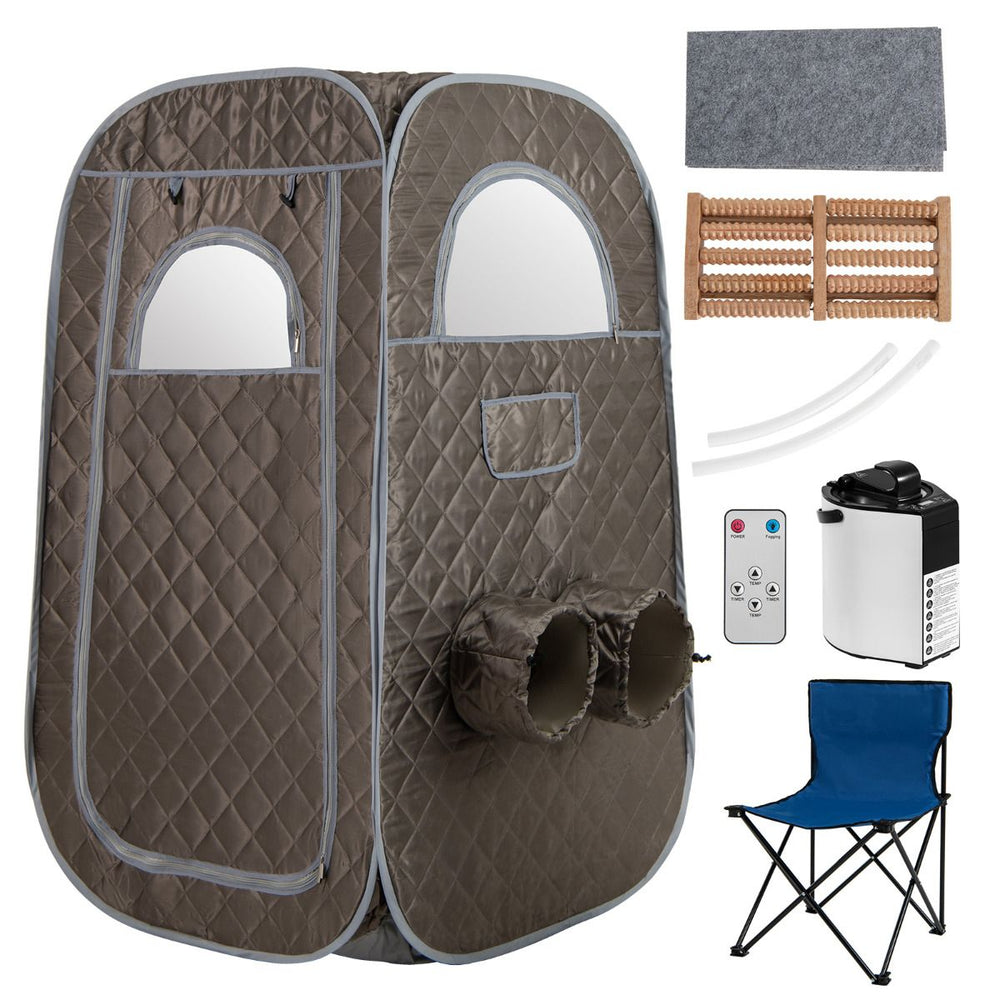 Portable steam sauna tent in grey with 1000W generator, foldable chair, and foot massager for home spa relaxation.