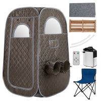 Portable steam sauna tent in grey with 1000W generator, foldable chair, and foot massager for home spa relaxation.