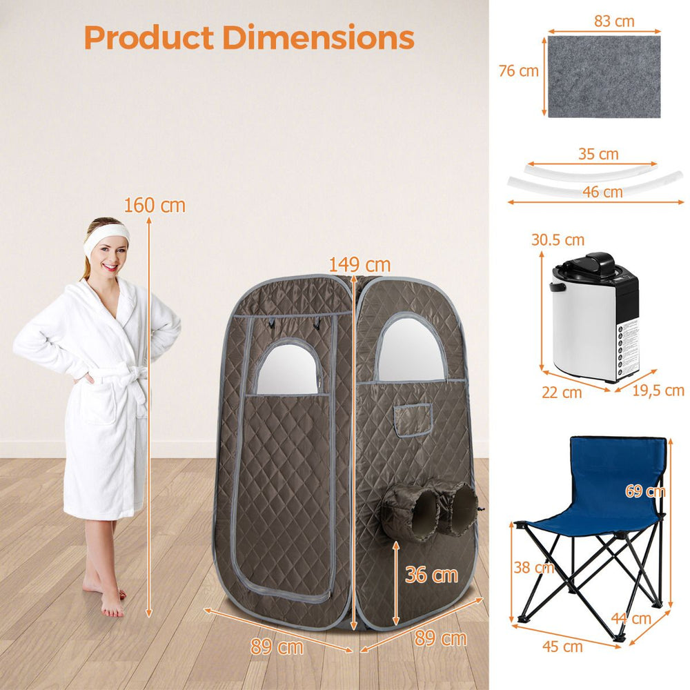 Portable steam sauna tent in grey with dimensions 89 x 89 x 149 cm, includes foldable chair and foot massager for home.