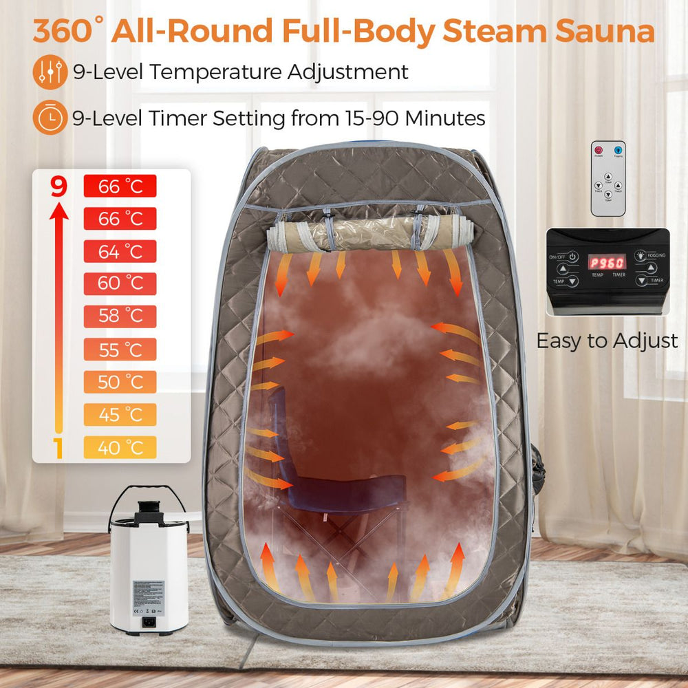 Portable steam sauna with 1000W generator, featuring adjustable leg holes and a foldable chair for home relaxation.