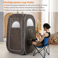 Portable steam sauna with multipurpose leg holes, 1000W steam generator, and foldable chair for home relaxation.
