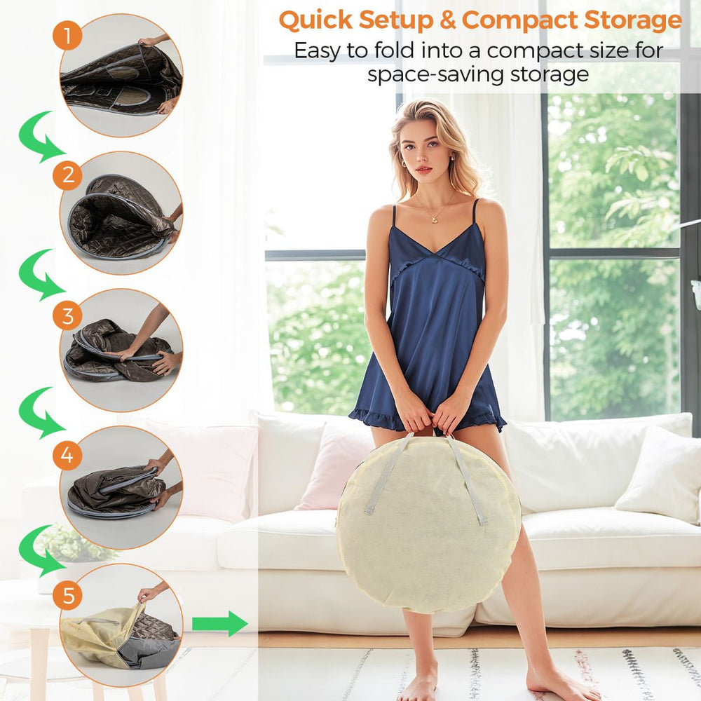 Portable steam sauna with foldable chair, 1000W generator, and compact storage for home spa relaxation.