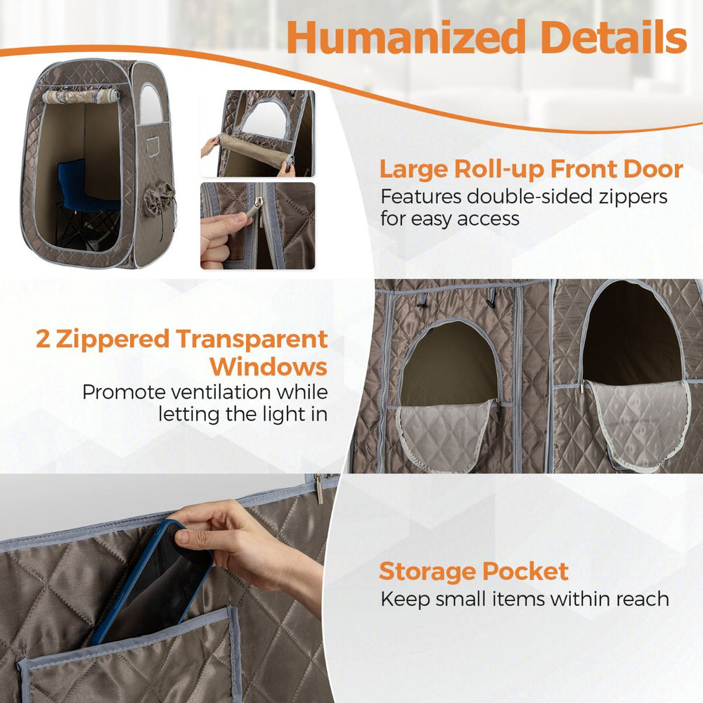 Portable steam sauna with large roll-up front door, 1000W steam generator, and adjustable leg holes for home relaxation.