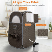 Portable steam sauna tent in grey with 1000W steam generator, featuring leg holes for shared relaxation and adjustable.